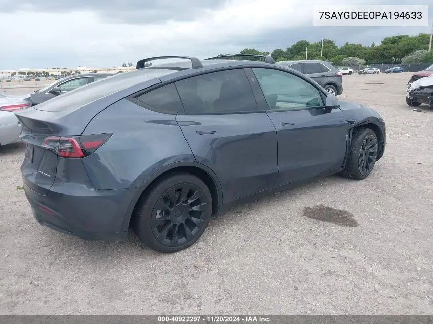 2023 Tesla Model Y Awd/Long Range Dual Motor All-Wheel Drive VIN: 7SAYGDEE0PA194633 Lot: 40922297