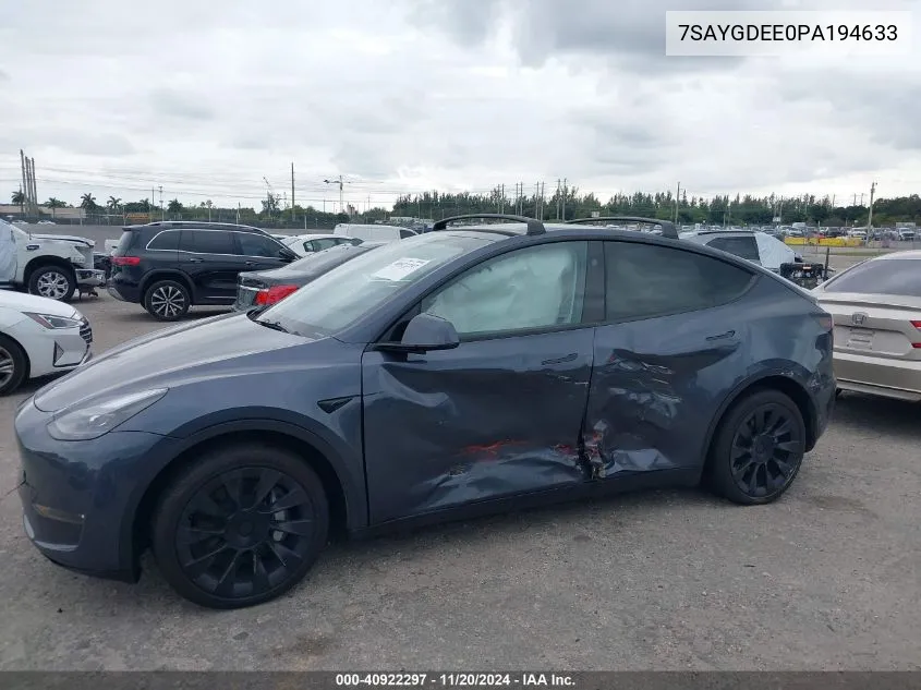 2023 Tesla Model Y Awd/Long Range Dual Motor All-Wheel Drive VIN: 7SAYGDEE0PA194633 Lot: 40922297