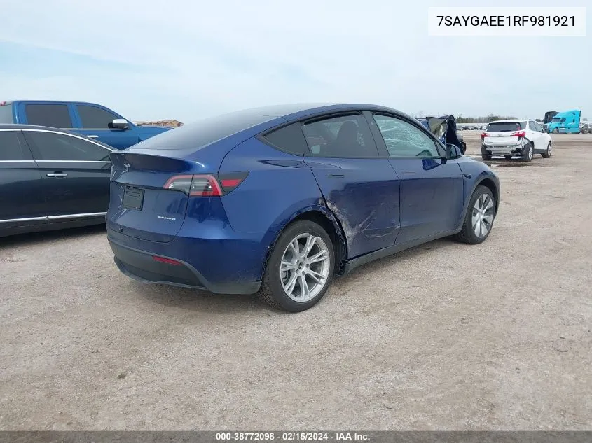 2024 Tesla Model Y Long Range Dual Motor All-Wheel Drive VIN: 7SAYGAEE1RF981921 Lot: 38772098