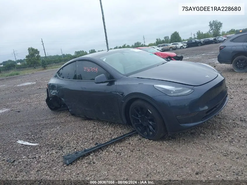 2024 Tesla Model Y Long Range Dual Motor All-Wheel Drive VIN: 7SAYGDEE1RA228680 Lot: 39367058