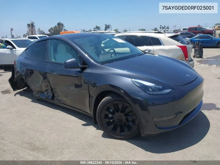 2024 Tesla Model Y Rwd VIN: 7SAYGDED0RF025001 Lot: 39622245