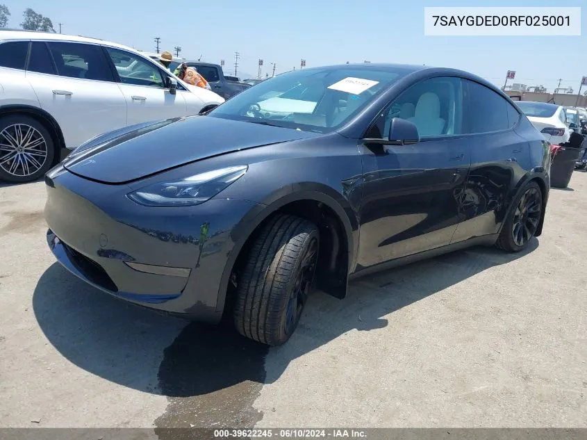 2024 Tesla Model Y Rwd VIN: 7SAYGDED0RF025001 Lot: 39622245