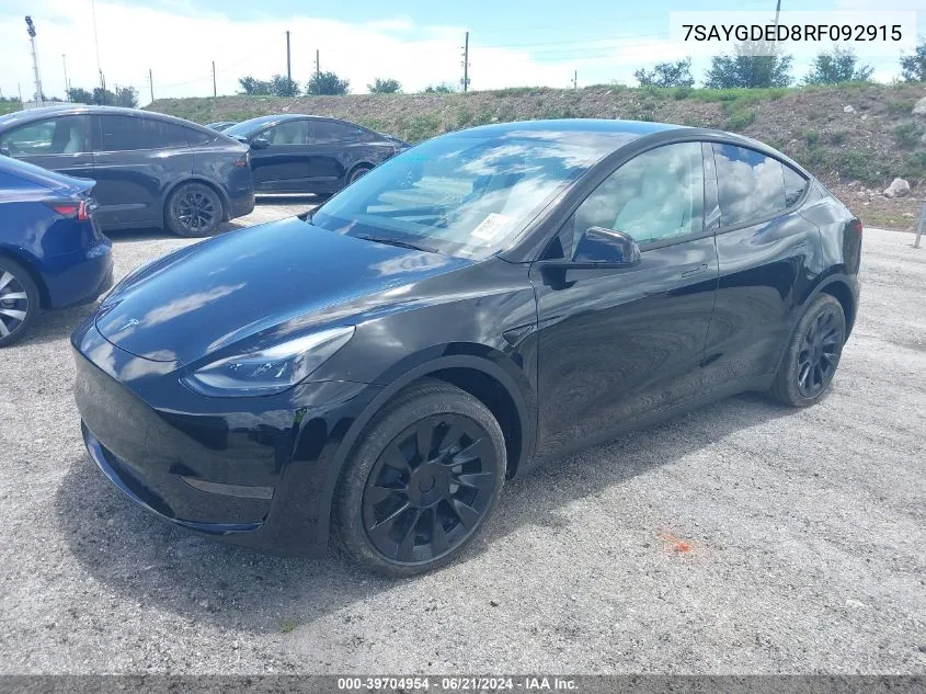 2024 Tesla Model Y Long Range/Rwd VIN: 7SAYGDED8RF092915 Lot: 39704954