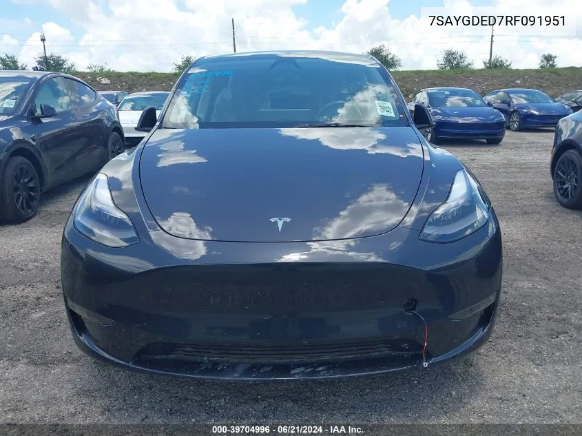 2024 Tesla Model Y Long Range/Rwd VIN: 7SAYGDED7RF091951 Lot: 39704996