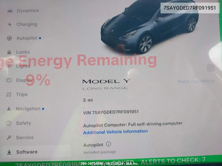 2024 Tesla Model Y Long Range/Rwd VIN: 7SAYGDED7RF091951 Lot: 39704996