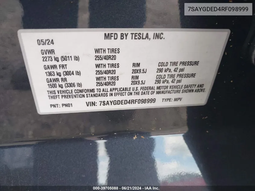 7SAYGDED4RF098999 2024 Tesla Model Y Long Range/Rwd