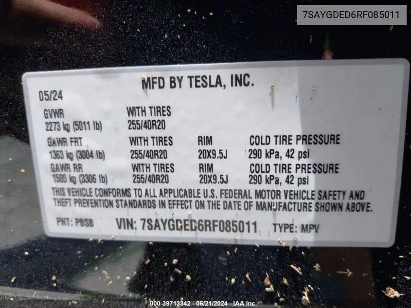 7SAYGDED6RF085011 2024 Tesla Model Y Long Range/Rwd