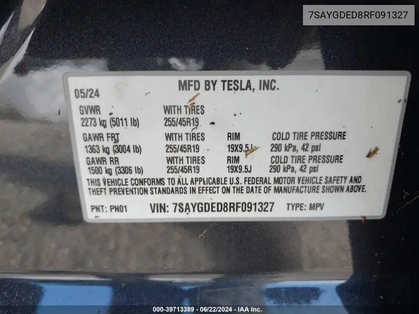 2024 Tesla Model Y Long Range/Rwd VIN: 7SAYGDED8RF091327 Lot: 39713389