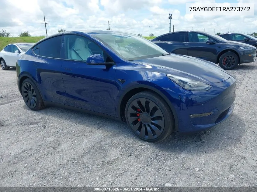 2024 Tesla Model Y Performance Dual Motor All-Wheel Drive VIN: 7SAYGDEF1RA273742 Lot: 39713626