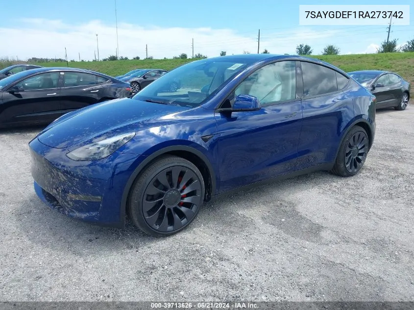 2024 Tesla Model Y Performance Dual Motor All-Wheel Drive VIN: 7SAYGDEF1RA273742 Lot: 39713626