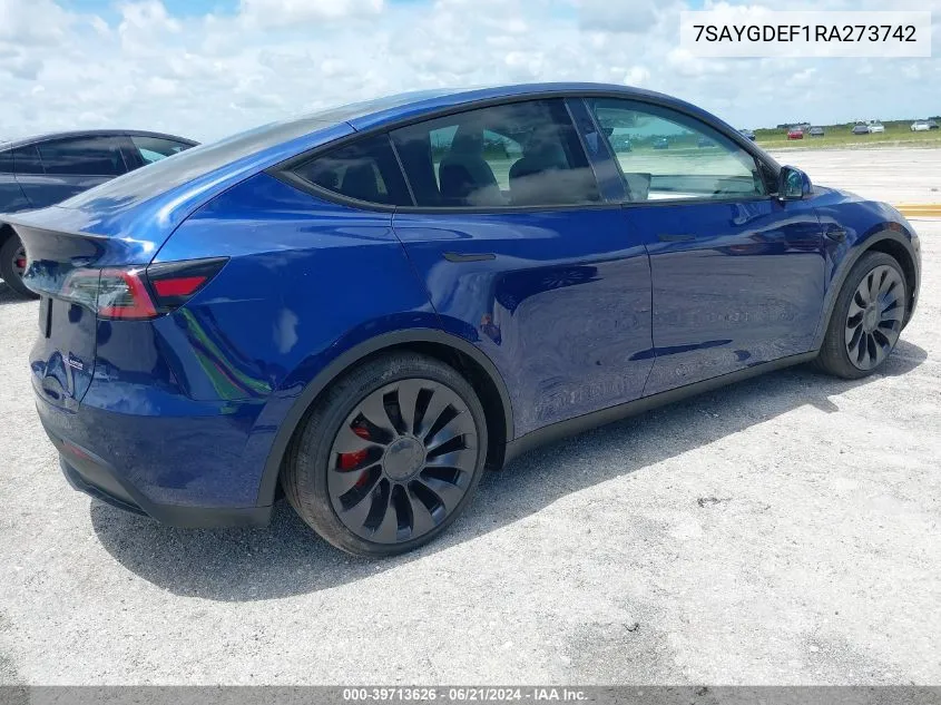 2024 Tesla Model Y Performance Dual Motor All-Wheel Drive VIN: 7SAYGDEF1RA273742 Lot: 39713626