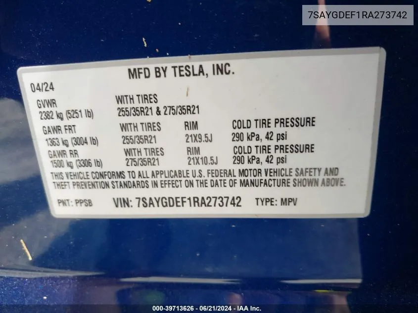 2024 Tesla Model Y Performance Dual Motor All-Wheel Drive VIN: 7SAYGDEF1RA273742 Lot: 39713626