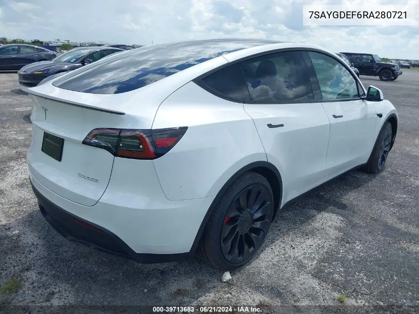 2024 Tesla Model Y Performance Dual Motor All-Wheel Drive VIN: 7SAYGDEF6RA280721 Lot: 39713683