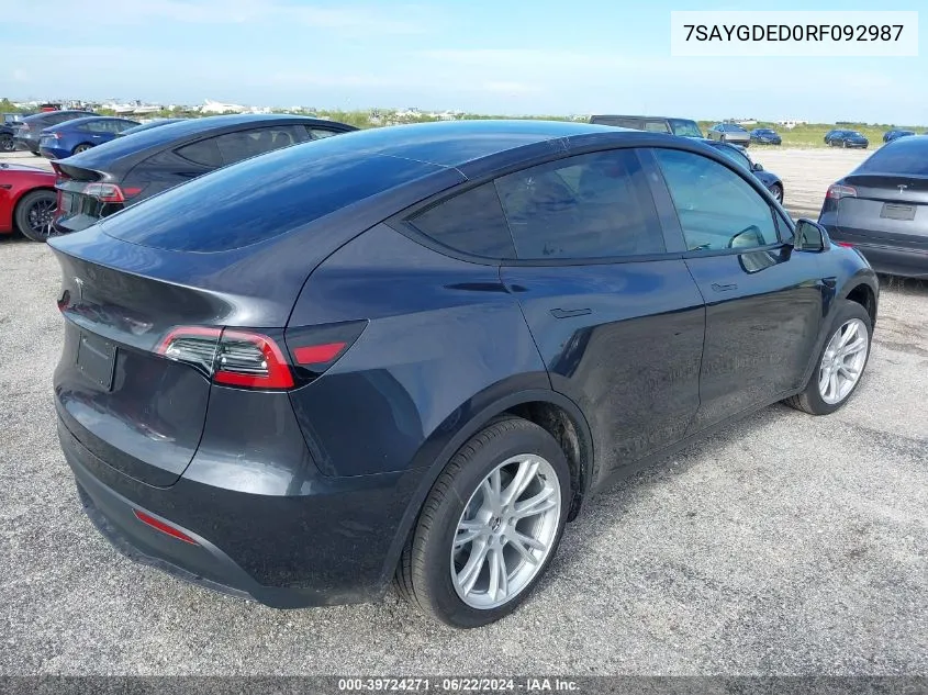 2024 Tesla Model Y Long Range/Rwd VIN: 7SAYGDED0RF092987 Lot: 39724271