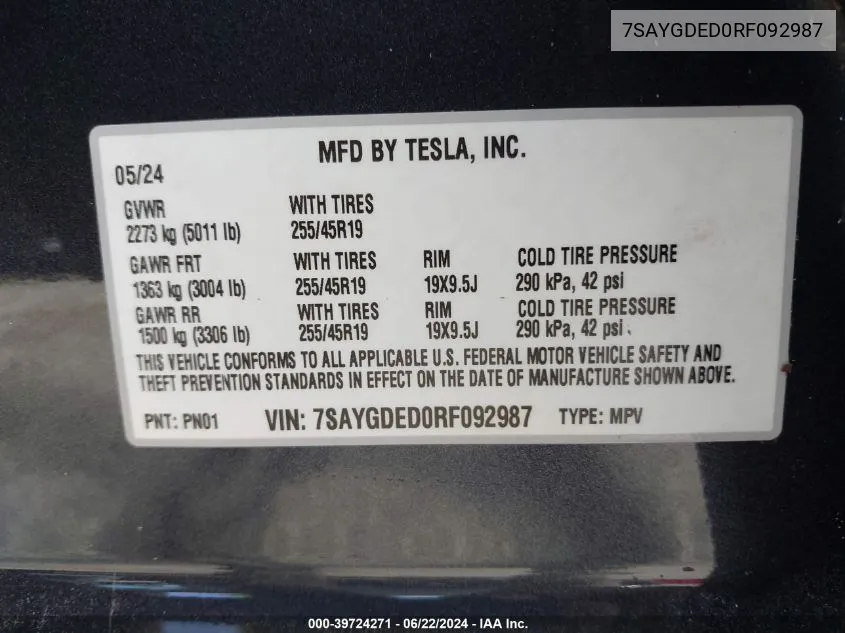 7SAYGDED0RF092987 2024 Tesla Model Y Long Range/Rwd