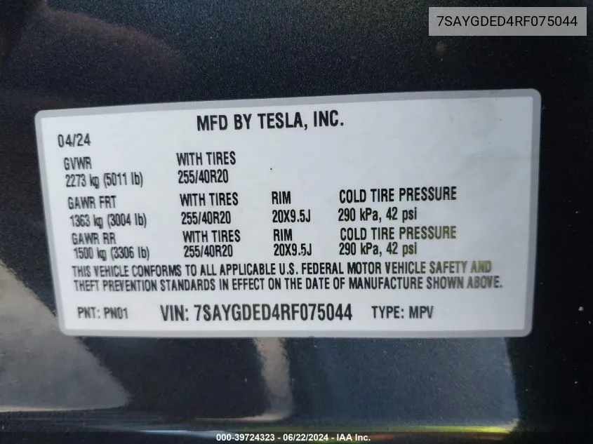 7SAYGDED4RF075044 2024 Tesla Model Y Long Range/Rwd