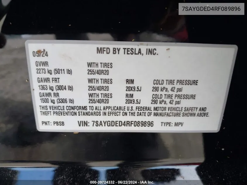 7SAYGDED4RF089896 2024 Tesla Model Y Long Range/Rwd