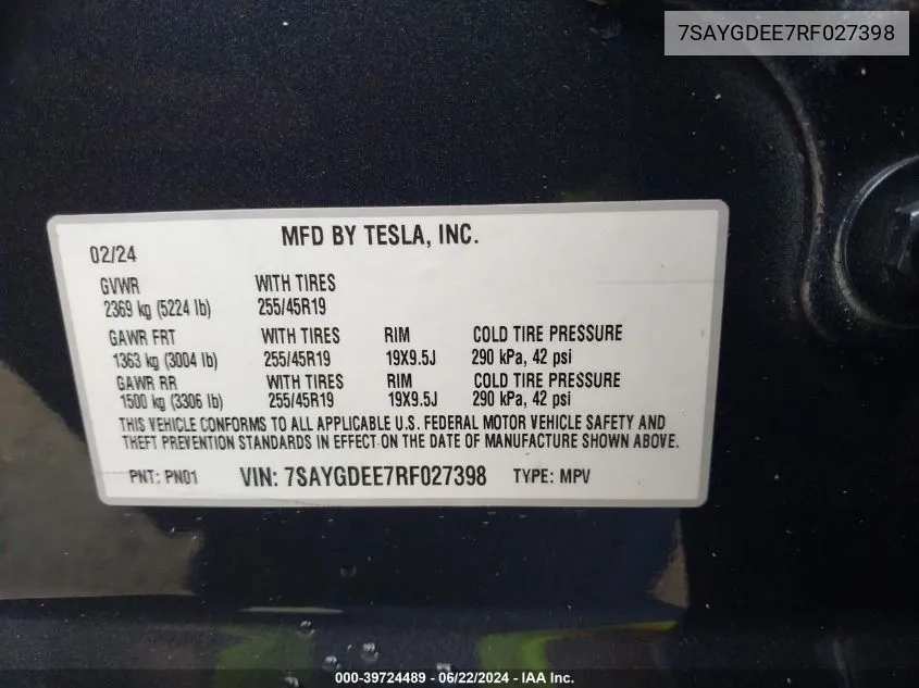 2024 Tesla Model Y Long Range Dual Motor All-Wheel Drive VIN: 7SAYGDEE7RF027398 Lot: 39724489