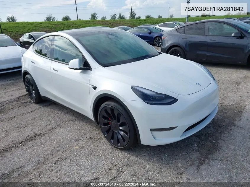 2024 Tesla Model Y Performance Dual Motor All-Wheel Drive VIN: 7SAYGDEF1RA281842 Lot: 39724519