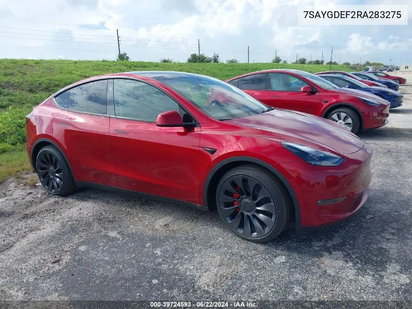 2024 Tesla Model Y Performance Dual Motor All-Wheel Drive VIN: 7SAYGDEF2RA283275 Lot: 39724593