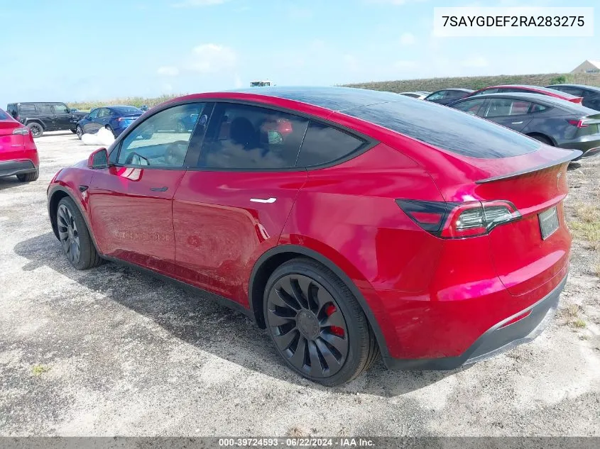 2024 Tesla Model Y Performance Dual Motor All-Wheel Drive VIN: 7SAYGDEF2RA283275 Lot: 39724593