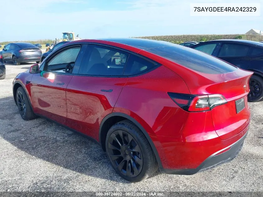 2024 Tesla Model Y Long Range Dual Motor All-Wheel Drive VIN: 7SAYGDEE4RA242329 Lot: 39724602