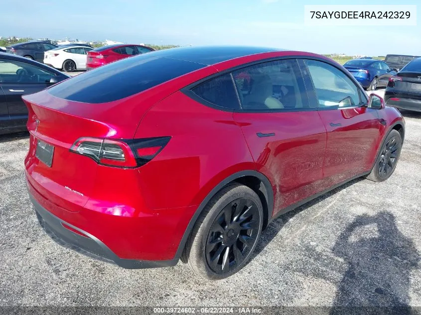 2024 Tesla Model Y Long Range Dual Motor All-Wheel Drive VIN: 7SAYGDEE4RA242329 Lot: 39724602