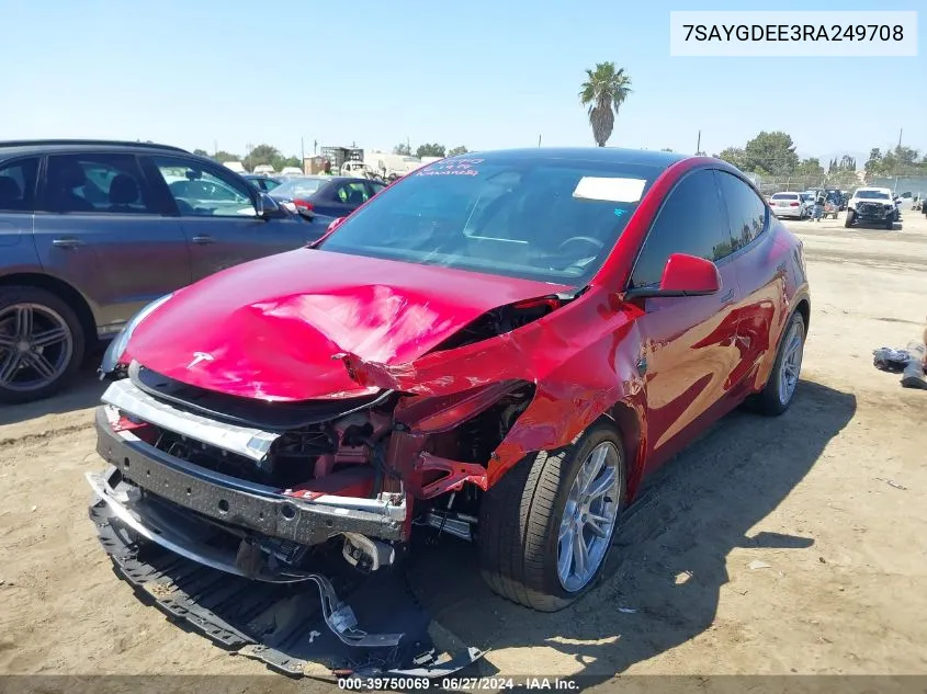 2024 Tesla Model Y Long Range Dual Motor All-Wheel Drive VIN: 7SAYGDEE3RA249708 Lot: 39750069