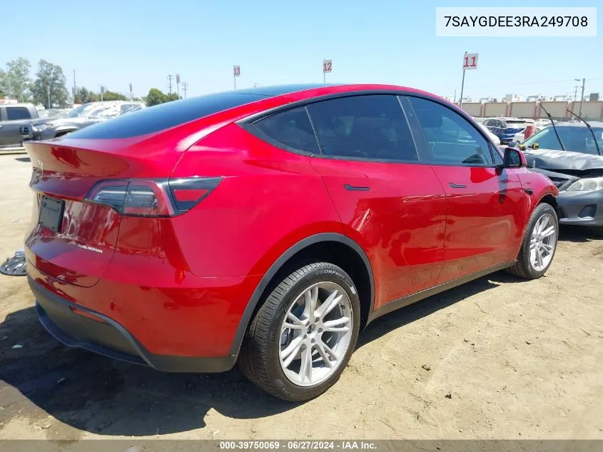 2024 Tesla Model Y Long Range Dual Motor All-Wheel Drive VIN: 7SAYGDEE3RA249708 Lot: 39750069