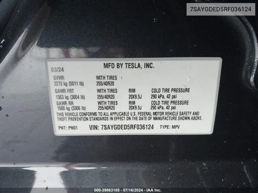 2024 Tesla Model Y Long Range/Rwd VIN: 7SAYGDED5RF036124 Lot: 39863185