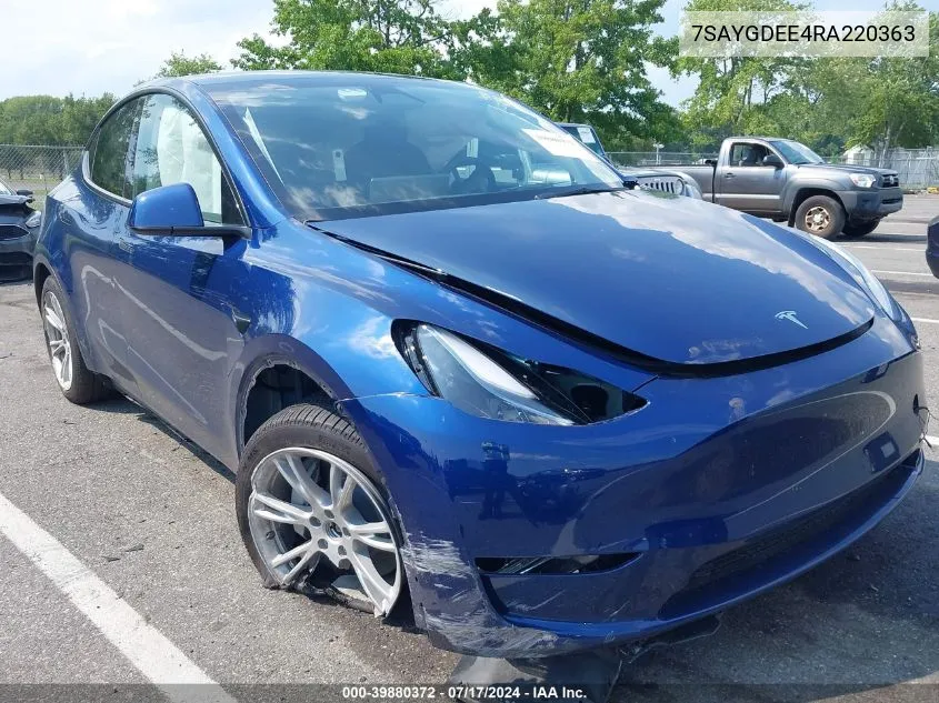 2024 Tesla Model Y Long Range Dual Motor All-Wheel Drive VIN: 7SAYGDEE4RA220363 Lot: 39880372