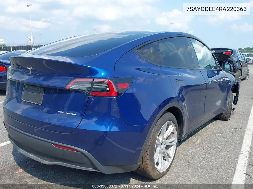 2024 Tesla Model Y Long Range Dual Motor All-Wheel Drive VIN: 7SAYGDEE4RA220363 Lot: 39880372