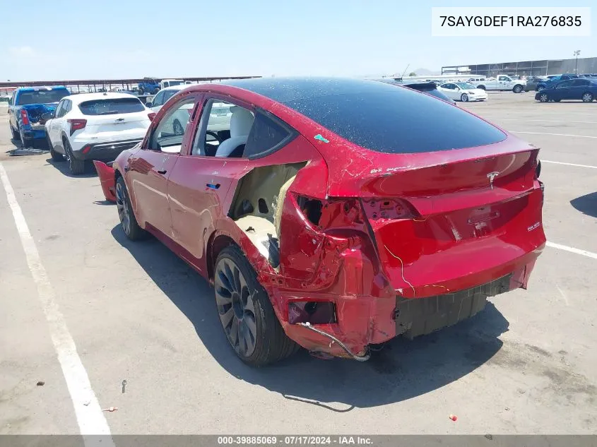 2024 Tesla Model Y Performance Dual Motor All-Wheel Drive VIN: 7SAYGDEF1RA276835 Lot: 39885069