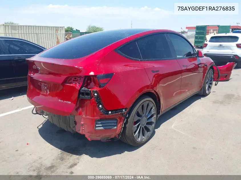 2024 Tesla Model Y Performance Dual Motor All-Wheel Drive VIN: 7SAYGDEF1RA276835 Lot: 39885069