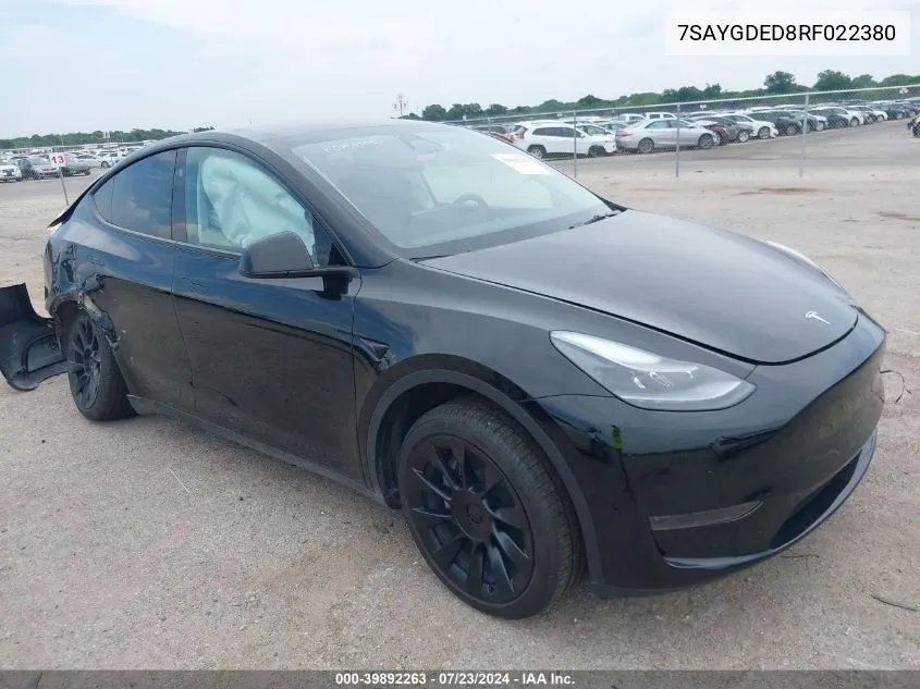 2024 Tesla Model Y VIN: 7SAYGDED8RF022380 Lot: 39892263