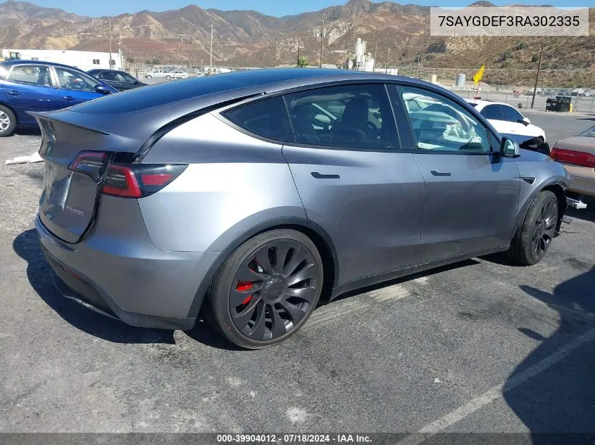 2024 Tesla Model Y Performance Dual Motor All-Wheel Drive VIN: 7SAYGDEF3RA302335 Lot: 39904012