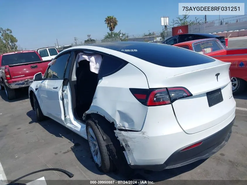 2024 Tesla Model Y Long Range Dual Motor All-Wheel Drive VIN: 7SAYGDEE8RF031251 Lot: 39950887