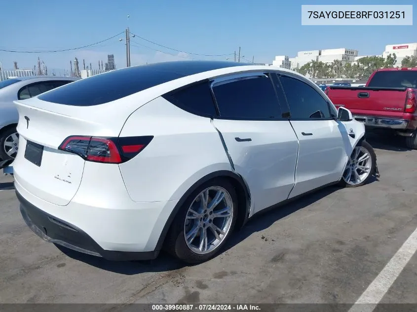 2024 Tesla Model Y Long Range Dual Motor All-Wheel Drive VIN: 7SAYGDEE8RF031251 Lot: 39950887