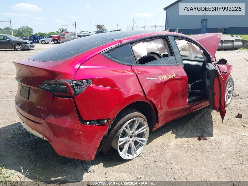 2024 Tesla Model Y Long Range Dual Motor All-Wheel Drive VIN: 7SAYGDEE3RF992226 Lot: 39963619