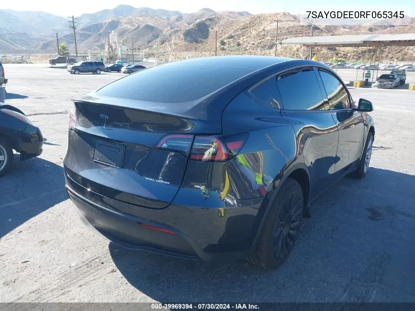 2024 Tesla Model Y Long Range Dual Motor All-Wheel Drive VIN: 7SAYGDEE0RF065345 Lot: 39969394