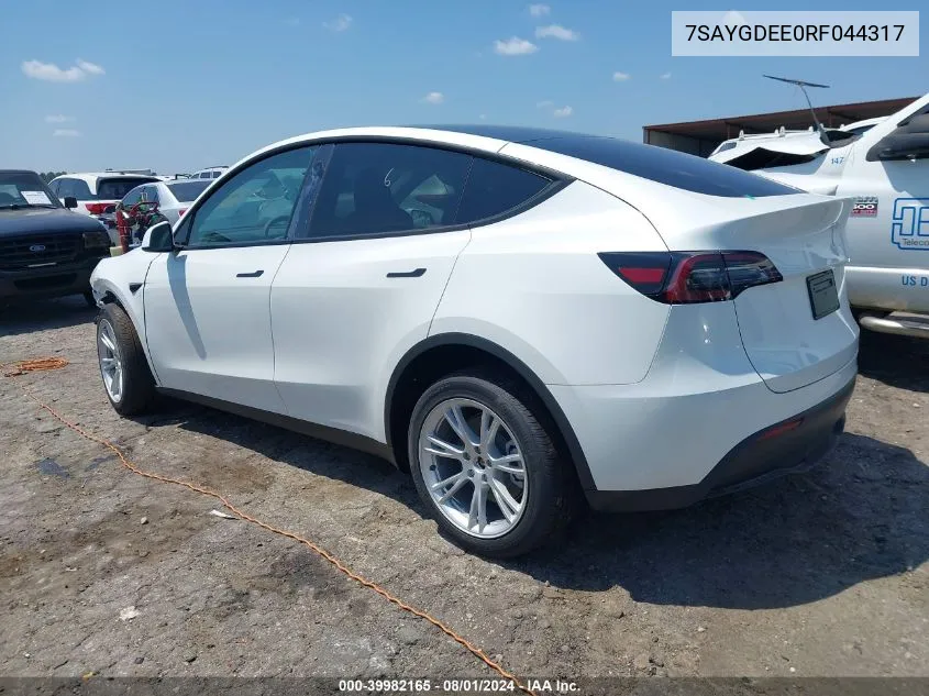 2024 Tesla Model Y Long Range Dual Motor All-Wheel Drive VIN: 7SAYGDEE0RF044317 Lot: 39982165