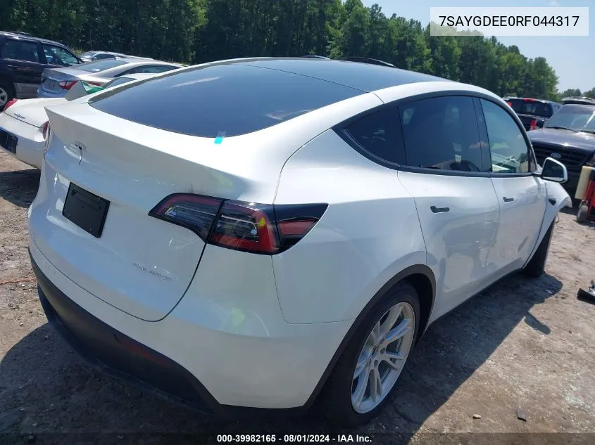 2024 Tesla Model Y Long Range Dual Motor All-Wheel Drive VIN: 7SAYGDEE0RF044317 Lot: 39982165