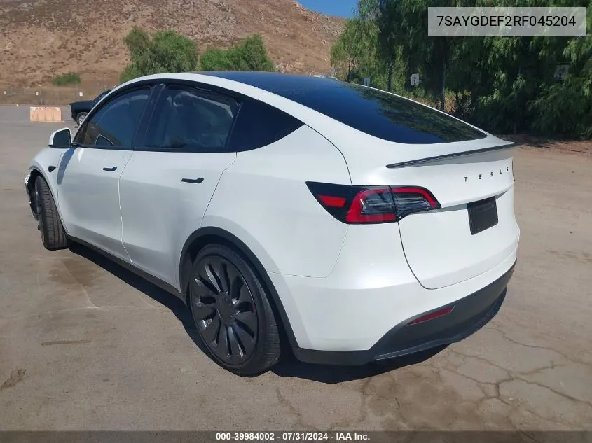 2024 Tesla Model Y Performance Dual Motor All-Wheel Drive VIN: 7SAYGDEF2RF045204 Lot: 39984002