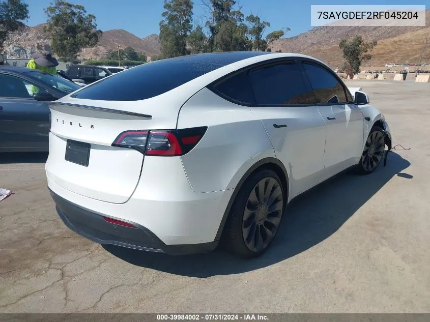 2024 Tesla Model Y Performance Dual Motor All-Wheel Drive VIN: 7SAYGDEF2RF045204 Lot: 39984002