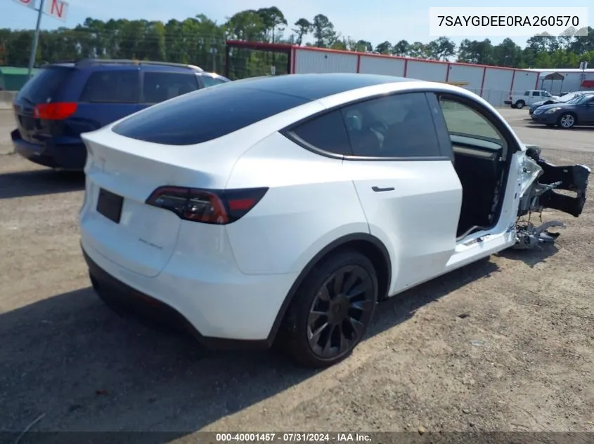 2024 Tesla Model Y Long Range Dual Motor All-Wheel Drive VIN: 7SAYGDEE0RA260570 Lot: 40001457