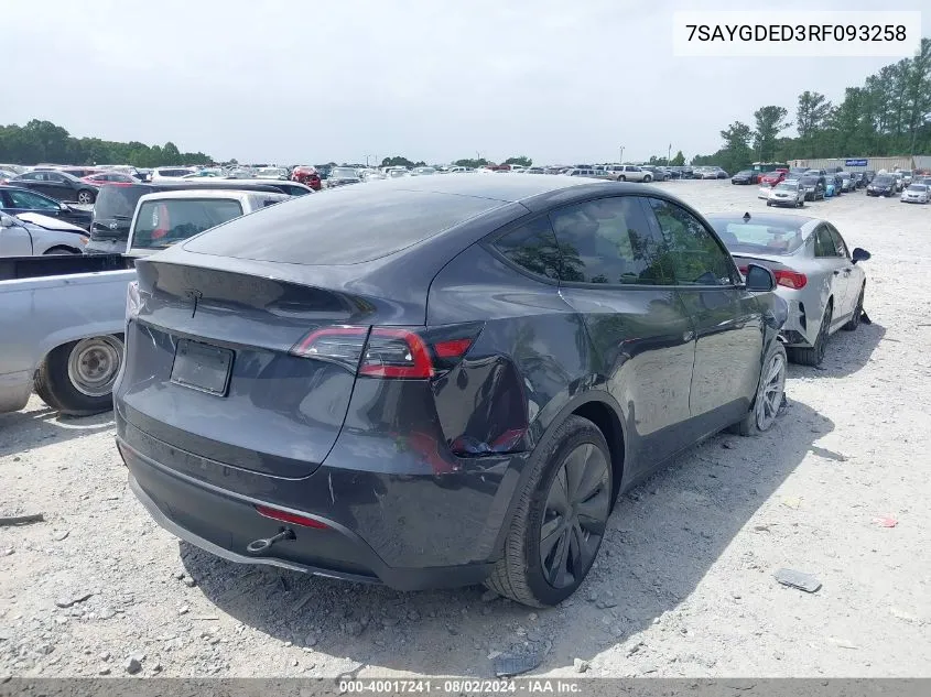 2024 Tesla Model Y Long Range/Rwd VIN: 7SAYGDED3RF093258 Lot: 40017241