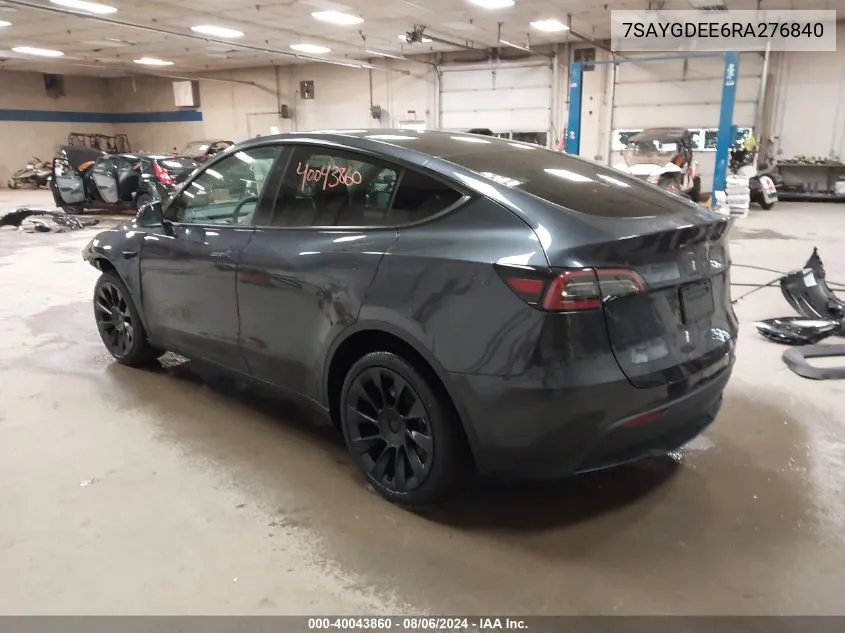 2024 Tesla Model Y Long Range Dual Motor All-Wheel Drive VIN: 7SAYGDEE6RA276840 Lot: 40043860