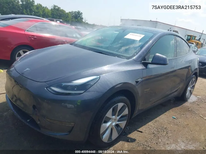 2024 Tesla Model Y Long Range Dual Motor All-Wheel Drive VIN: 7SAYGDEE3RA215753 Lot: 40094448