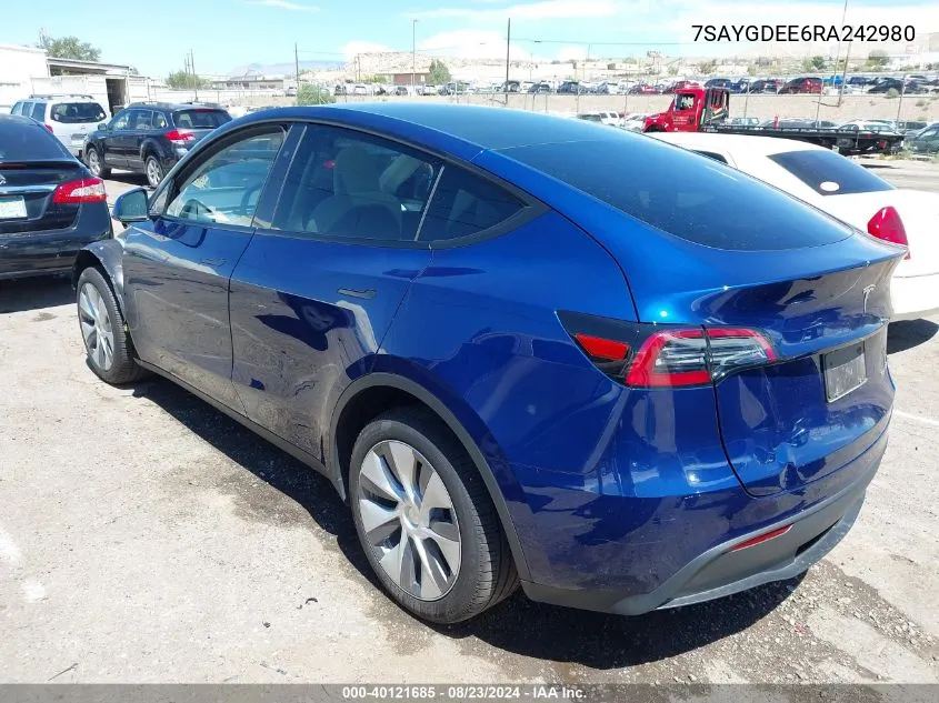 2024 Tesla Model Y Long Range Dual Motor All-Wheel Drive VIN: 7SAYGDEE6RA242980 Lot: 40121685