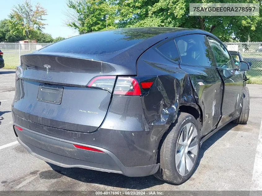 2024 Tesla Model Y Long Range Dual Motor All-Wheel Drive VIN: 7SAYGDEE0RA278597 Lot: 40176961